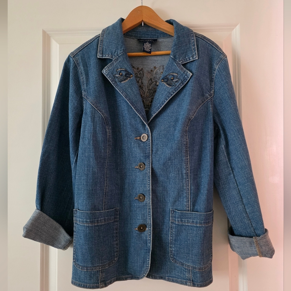 Vintage Denim & Co Embroidered Denim Barn Jacket 90s Western Rodeo Womens M